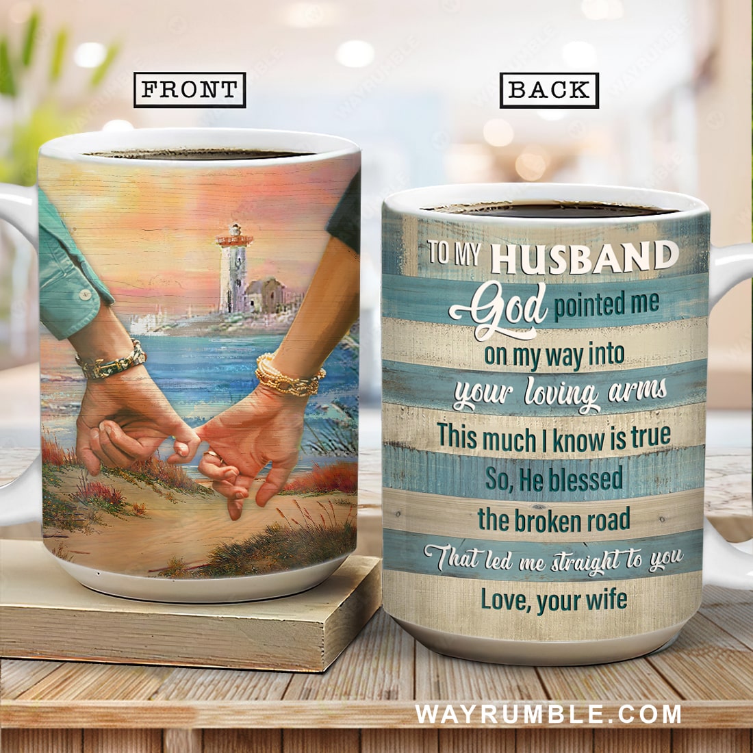 To my husband, Seashore painting, The lighthouse, Holding hands, God blessed the road that led me to you