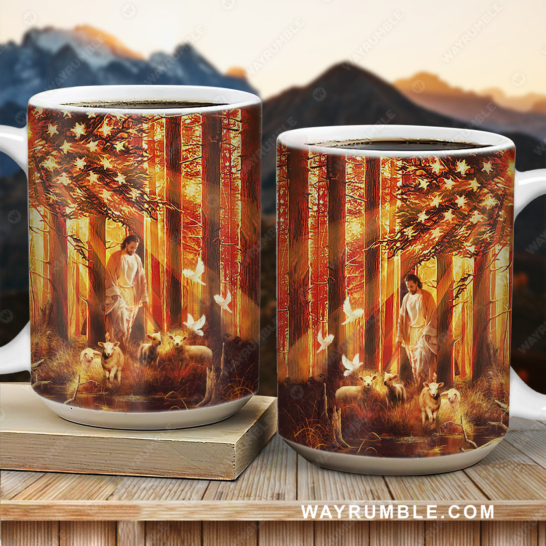 Jesus painting, Walking with the lambs - Jesus, US Flag AOP Mug