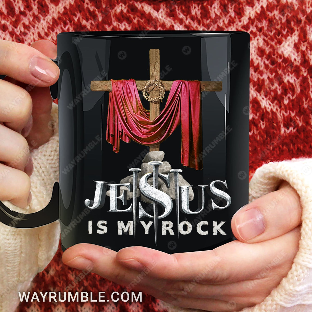 The wooden cross, Jesus is my rock - Jesus Black Mug 