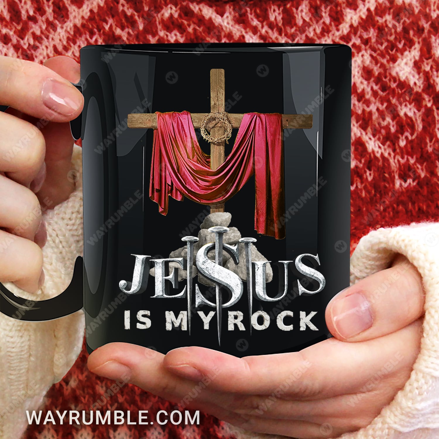 The wooden cross, Jesus is my rock - Jesus Black Mug 