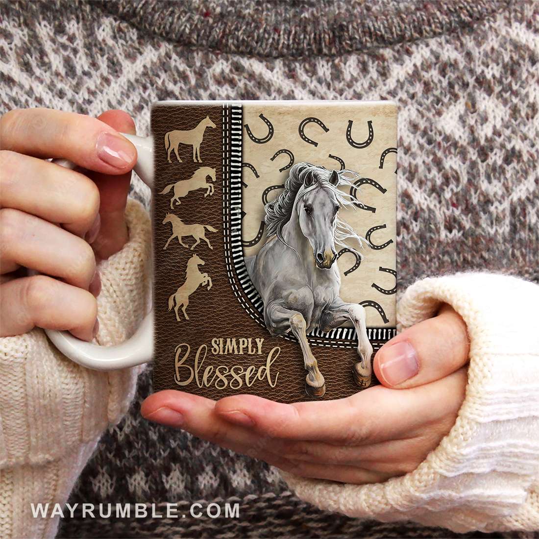 White horse drawing, Leather pattern, Horseshoes, Simply blessed - Jesus AOP Mug