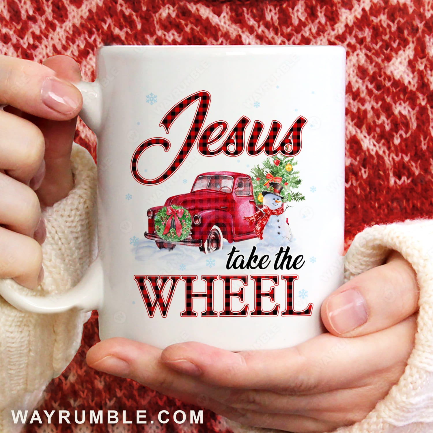 Red ladybug car, Happy snowman, Christmas tree, Jesus take the wheel - Jesus White Mug