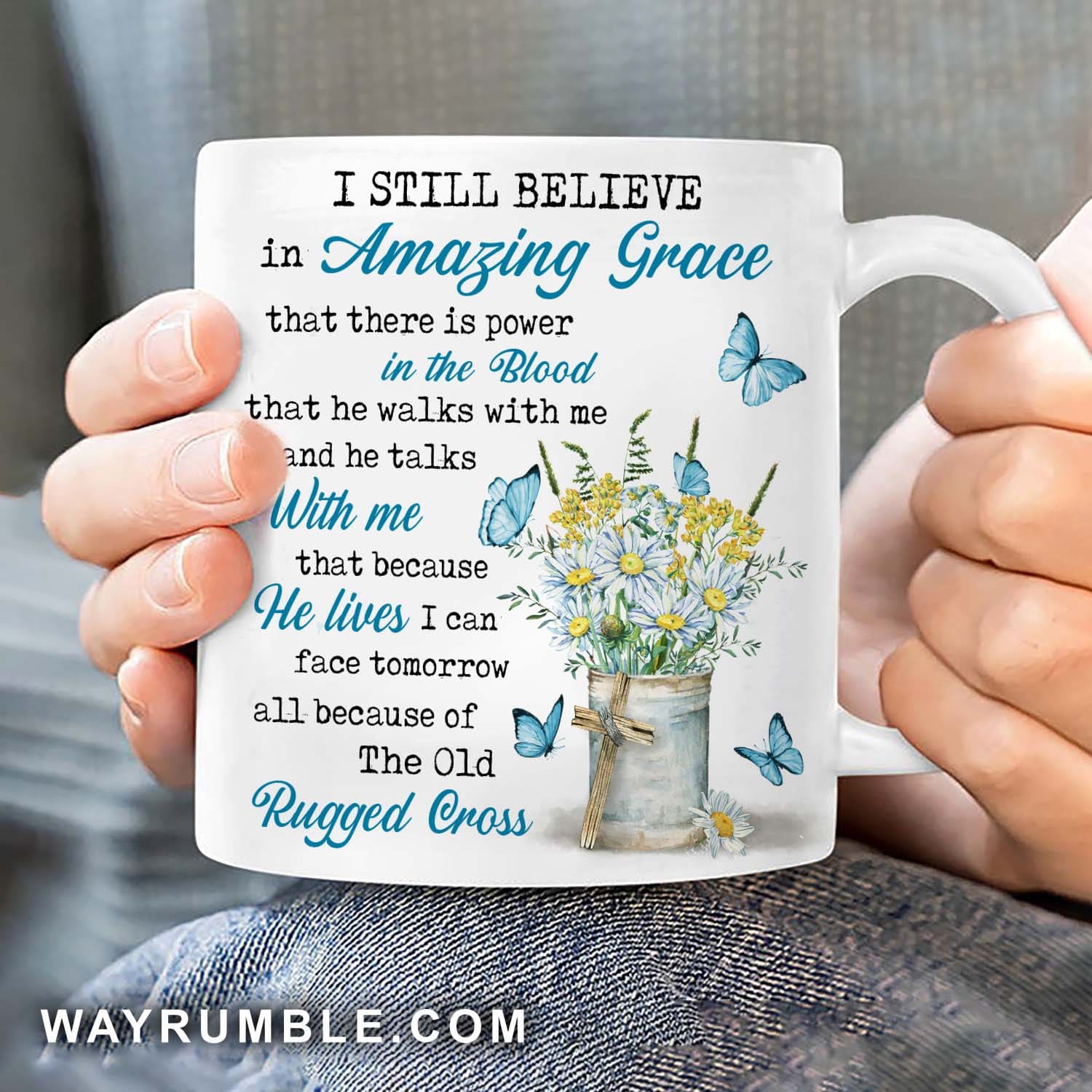 vintage daisy flower, Blue butterfly, I still believe in Amazing Grace - Jesus White Mug