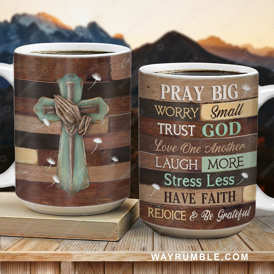 Praying hand, Wooden cross, Dandelion drawing, Pray big Worry small - Jesus AOP Mug