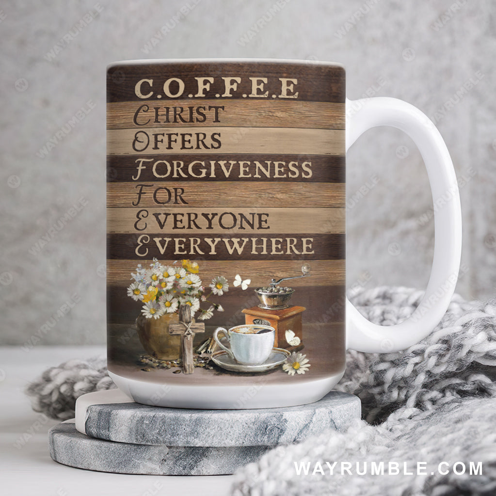 Gift for coffee lover, Daisy drawing, Cross, Christ offers forgiveness for everyone everywhere - Jesus AOP Mug