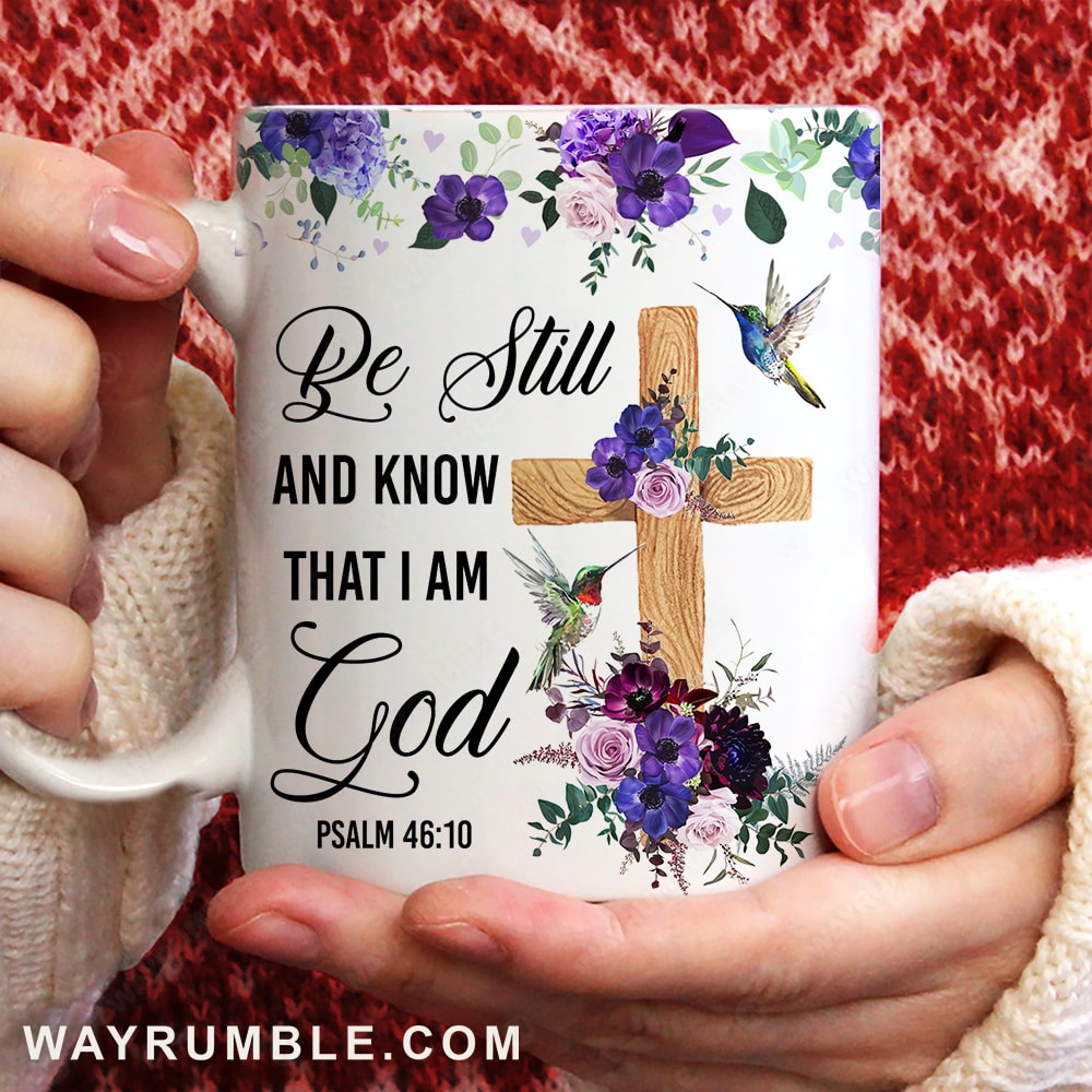 Purple poppy flower, Wooden cross, Colorful drawing, Be still and know that I am God - Jesus AOP Mug