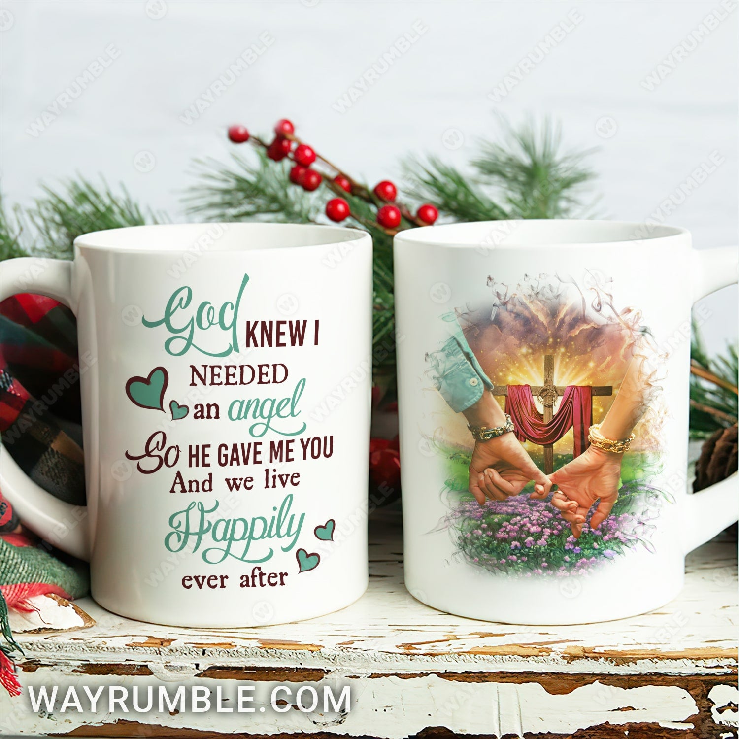 Holding hands, On the flower field, God knew I needed an angel so he gave me you - Couple White Mug
