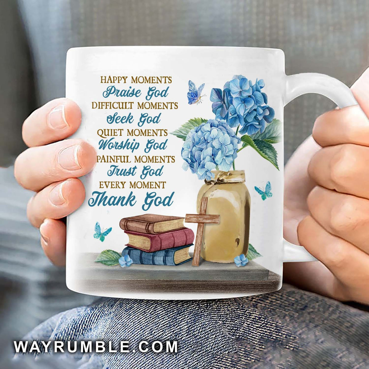 Hydrangea vase, Vintage book, Every moment Thank God - Jesus White Mug