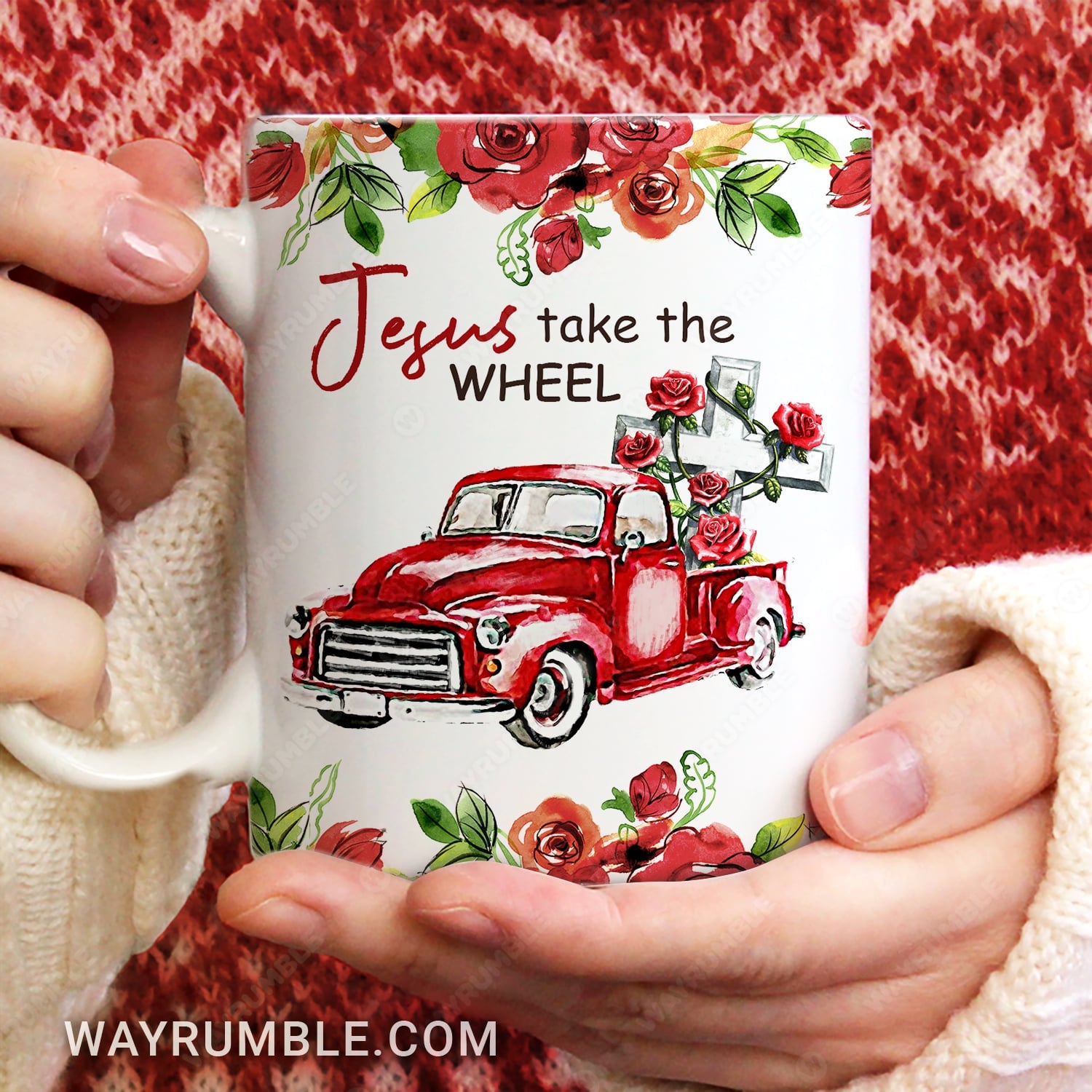 Rose flower, Red truck painting, Jesus take the wheel - Jesus White Mug