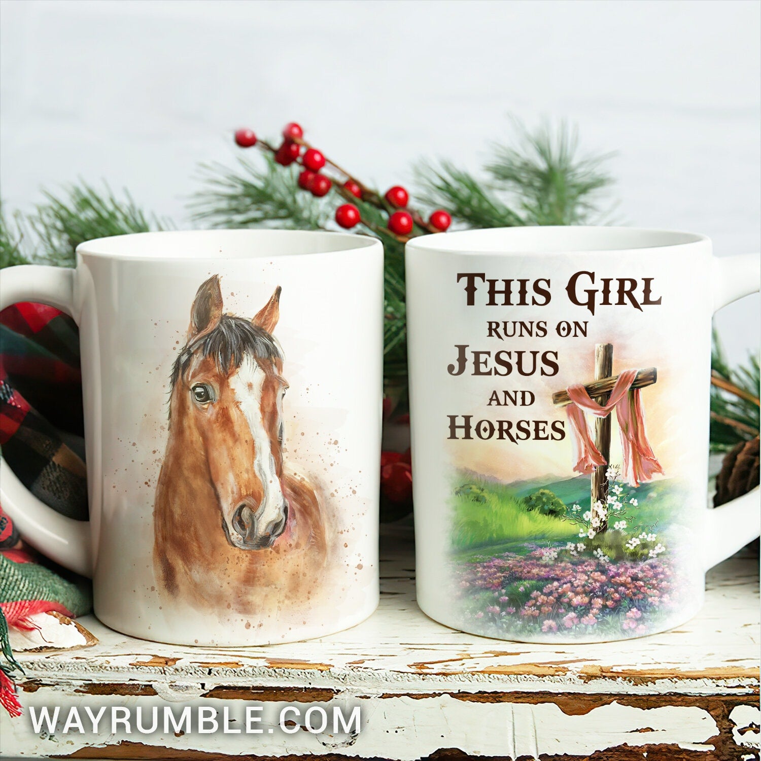 Dream horse, Green meadow, Wooden cross, This girl runs on Jesus and horses - Jesus White Mug