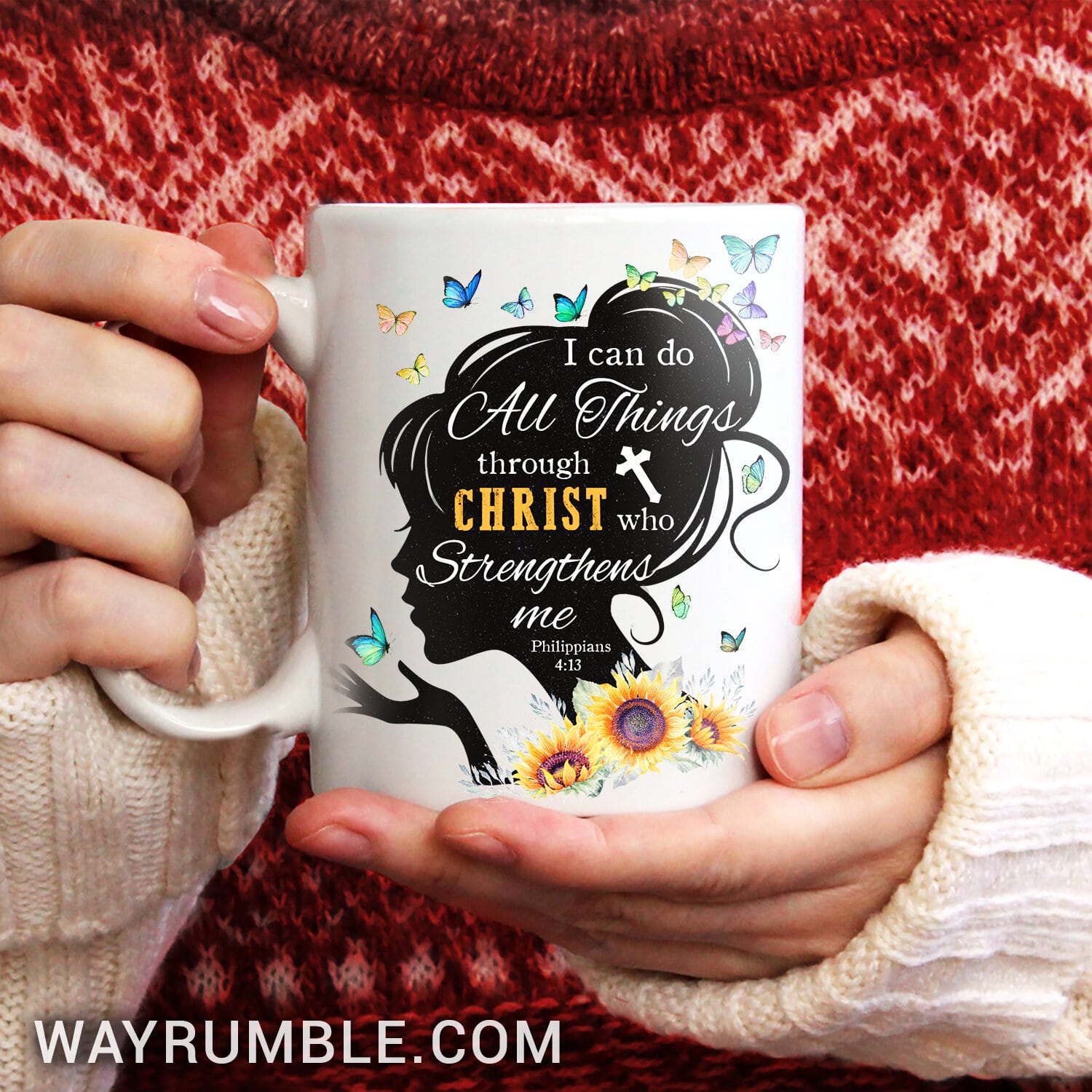 Colorful butterfly, Sunflower painting, I can do all things through Christ who strengthens me - Jesus White Mug