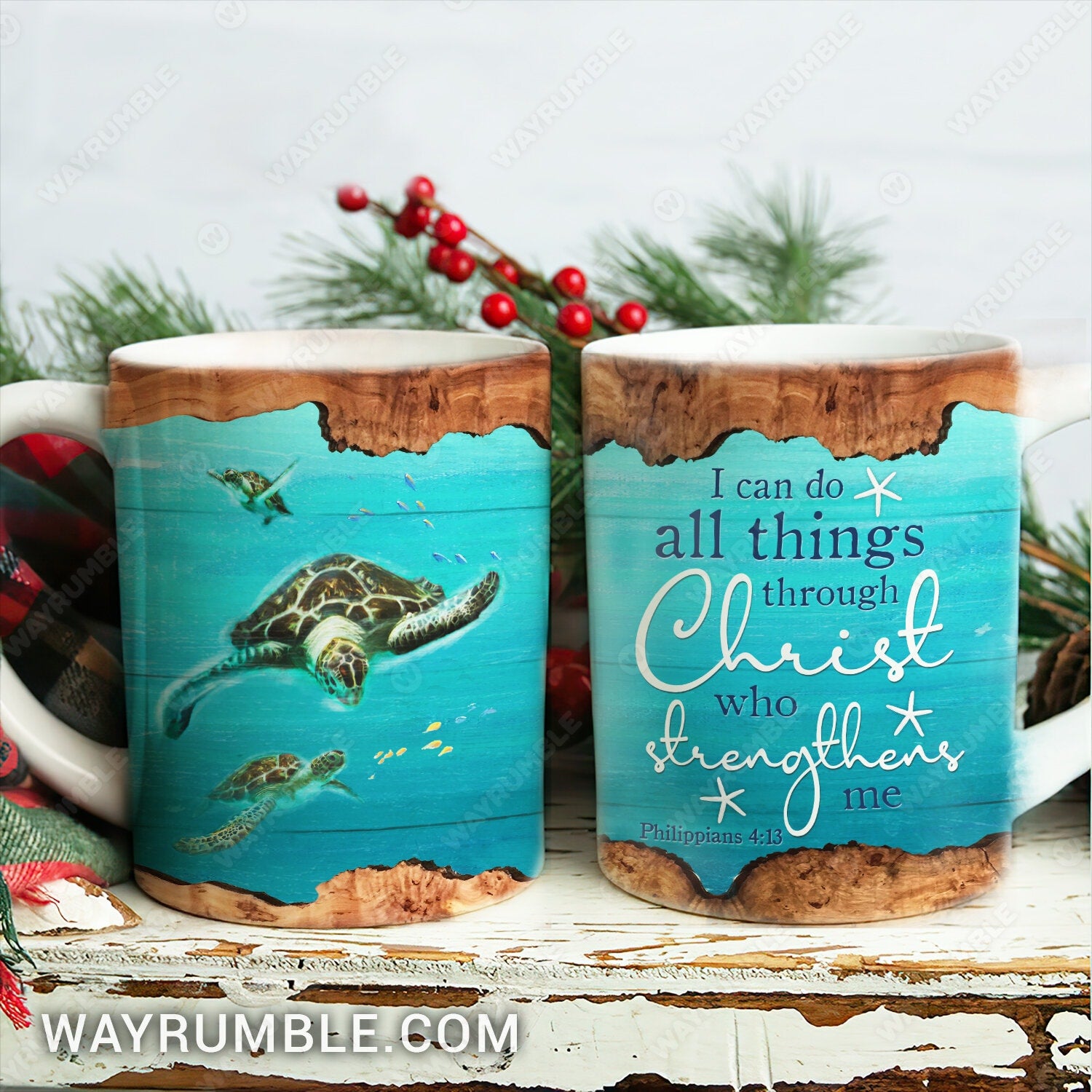 Sea turtle, Blue ocean, I can do all things through Christ who strengthens me - Jesus AOP Mug