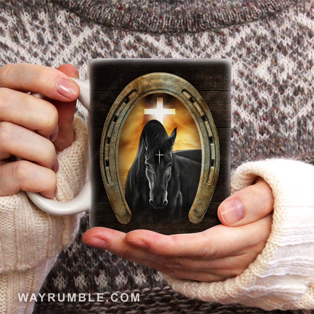 Black horse, Golden horseshoe, Cross symbol, Halo - Jesus AOP Mug