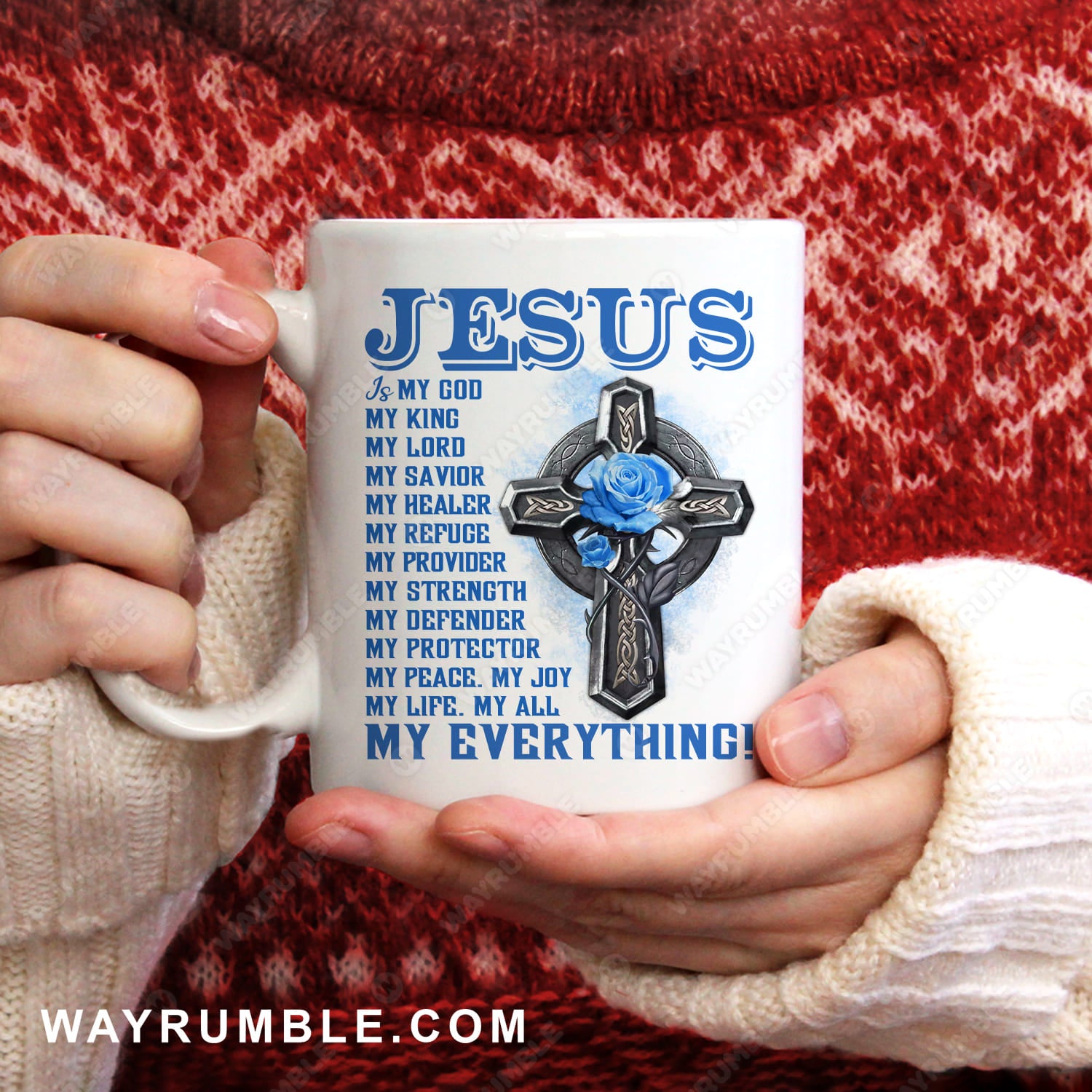Iron cross symbol, Dark blue rose, Jesus is my everything - Jesus White Mug