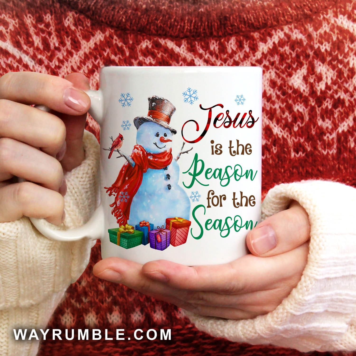 Snowman drawing, Cardinal bird, Christmas gift, Jesus is the reason for the season - Jesus, Christmas White Mug