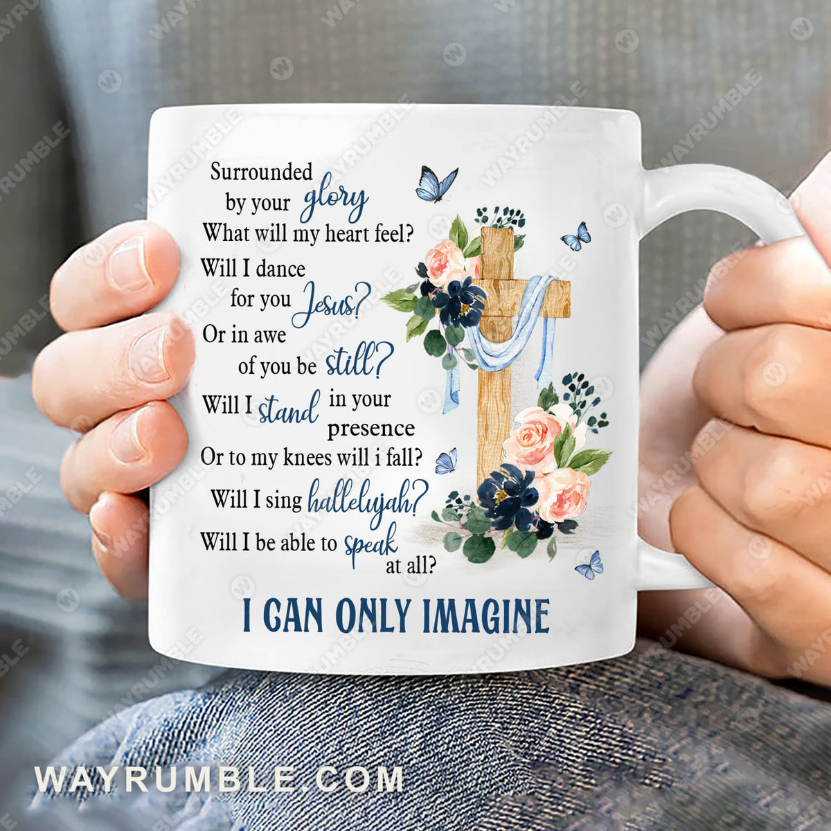 Wooden cross, Hellebore flower, Blue butterfly, I can only imagine - Jesus White Mug