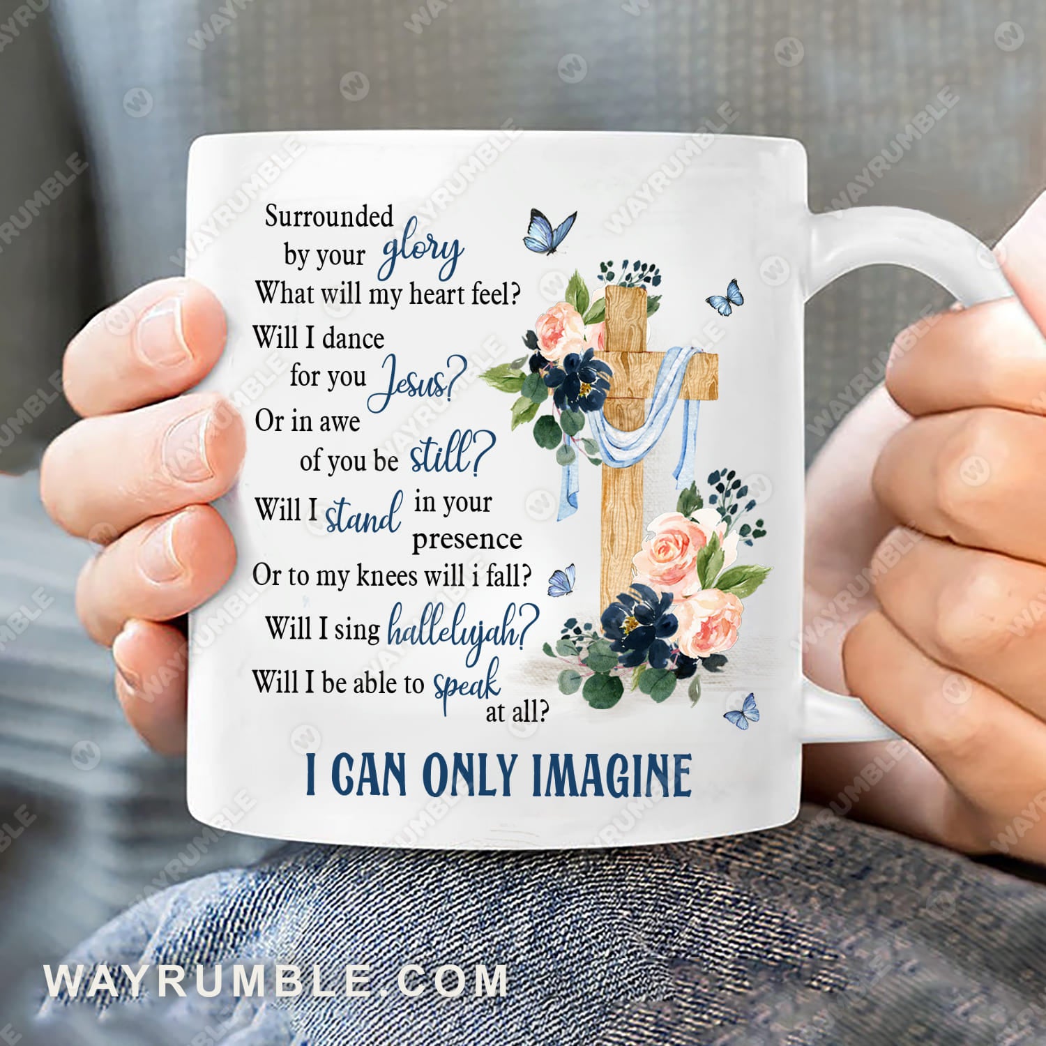 Wooden cross, Hellebore flower, Blue butterfly, I can only imagine - Jesus White Mug