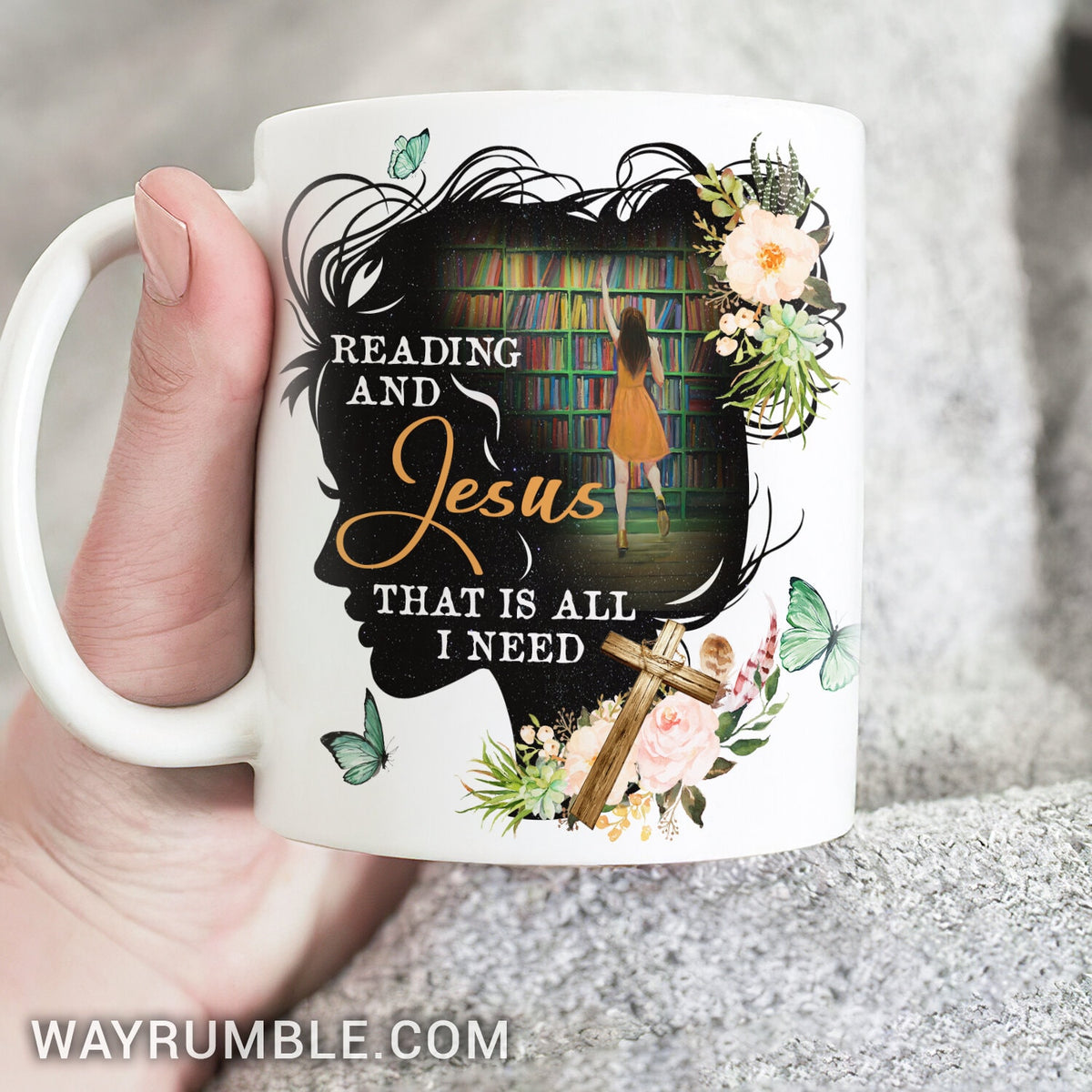 Flower face, Colorful bookshelf, Reading and Jesus that is all I need - Jesus White Mug