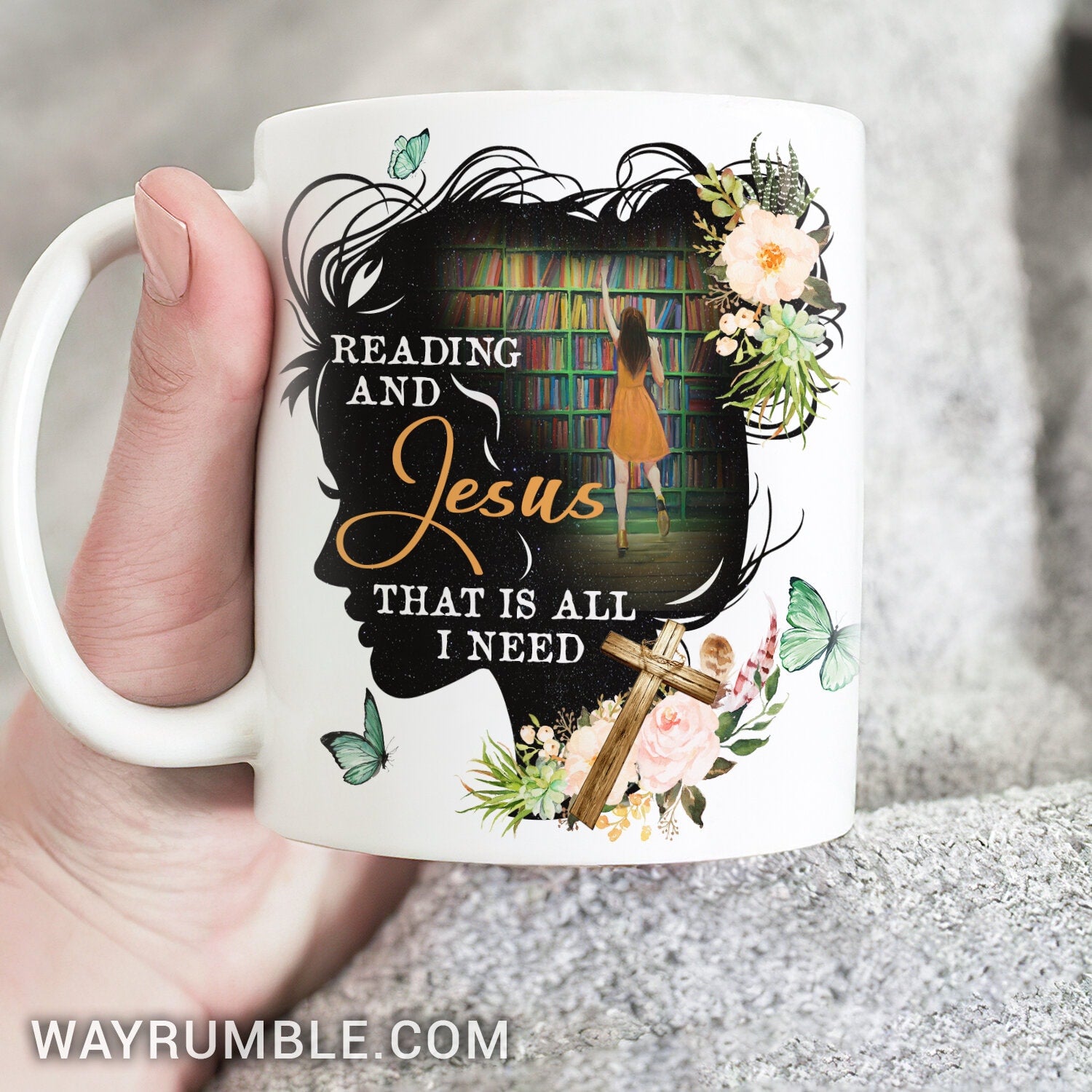 Flower face, Colorful bookshelf, Reading and Jesus that is all I need - Jesus White Mug
