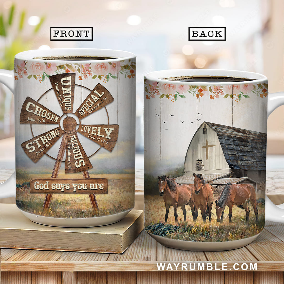 Brown horses, Big windmill, Rose flower, God says you are unique - Jesus AOP Mug