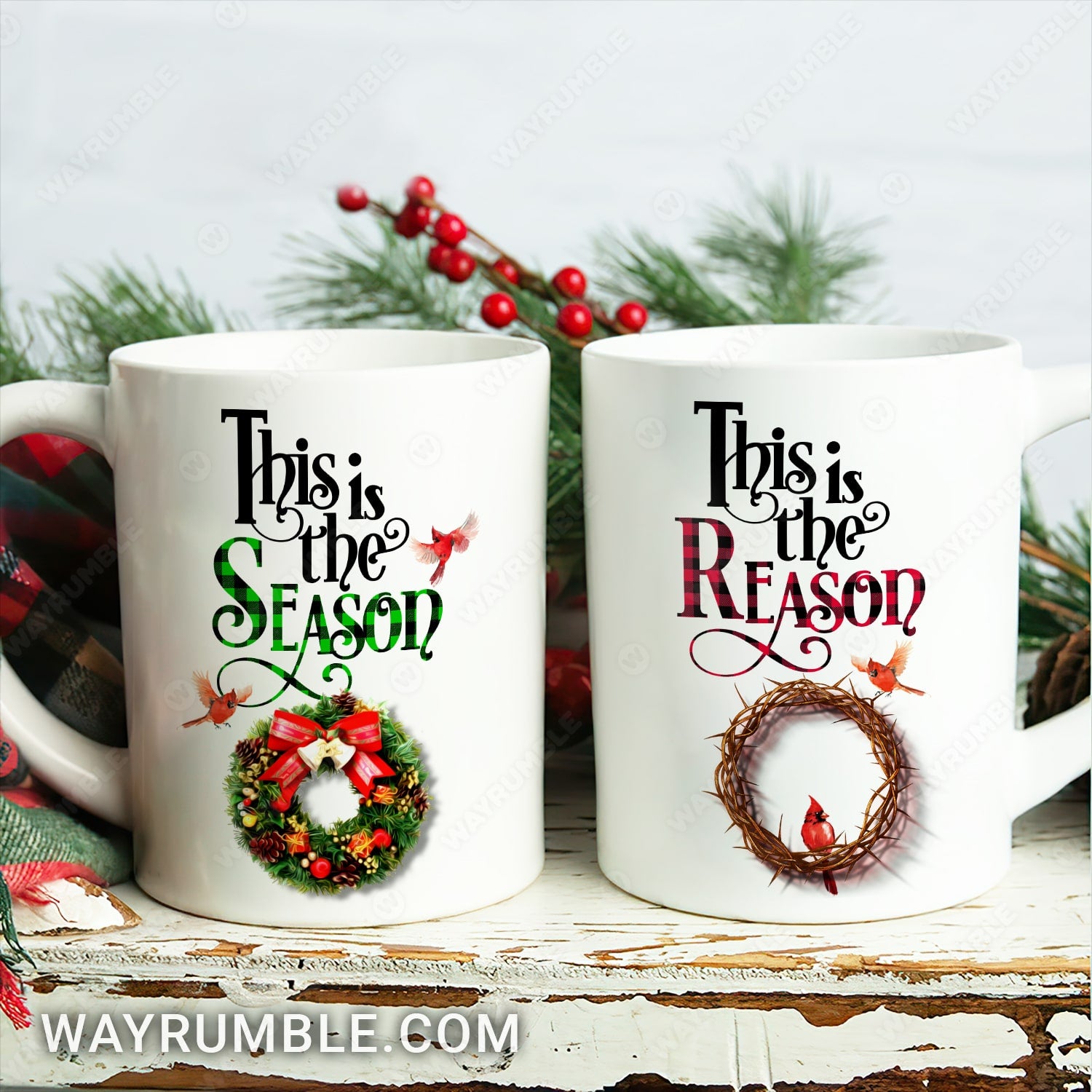 Cardinal, Crown of thorns, Christmas wreath, This is the season, This is the reason - Jesus White Mug 