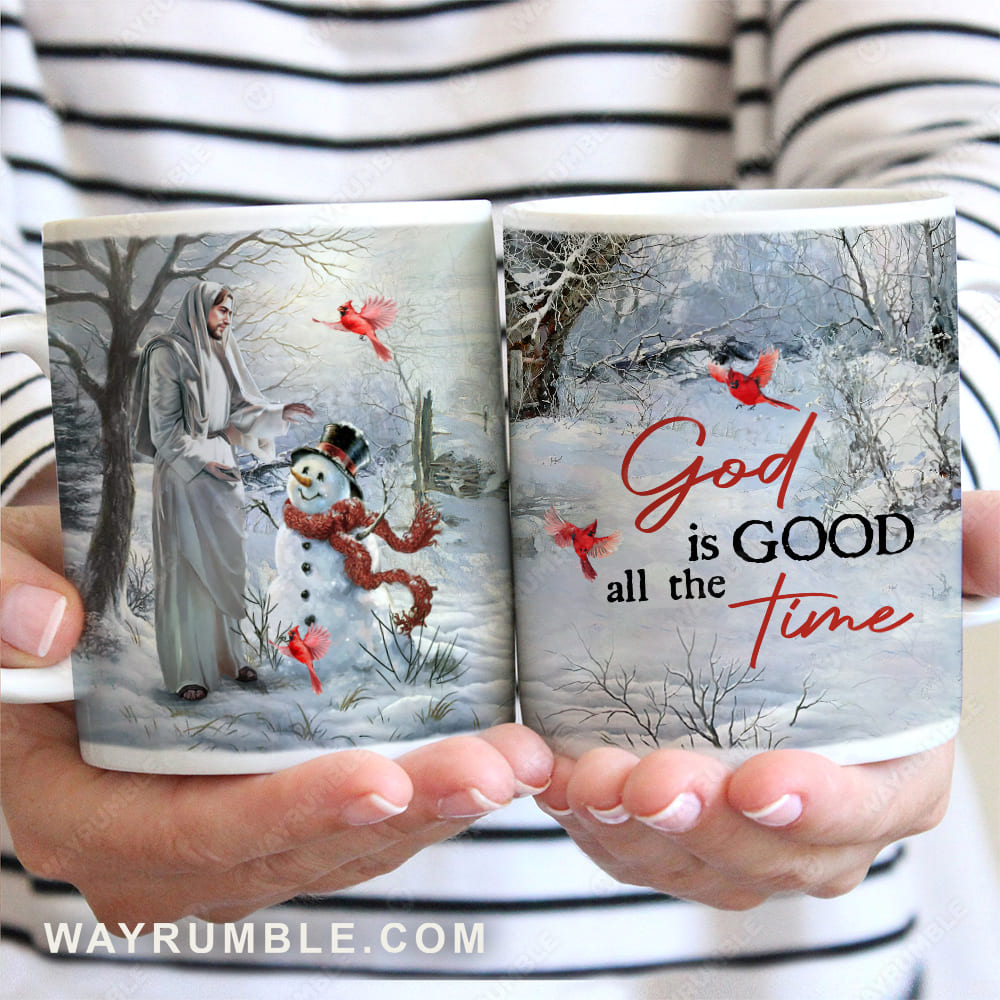 Jesus painting, With snowman in the winter forest, God is good all the time - Jesus AOP Mug