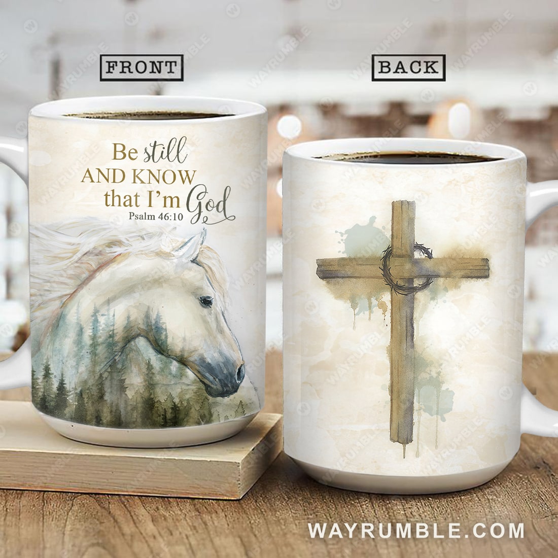 Horse painting, White horse, Wooden cross, Be still and know that I am God - Jesus AOP Mug
