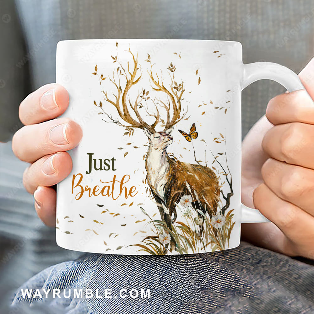 Brown deer, Orange butterfly, Flower field, Just breathe - Jesus White Mug
