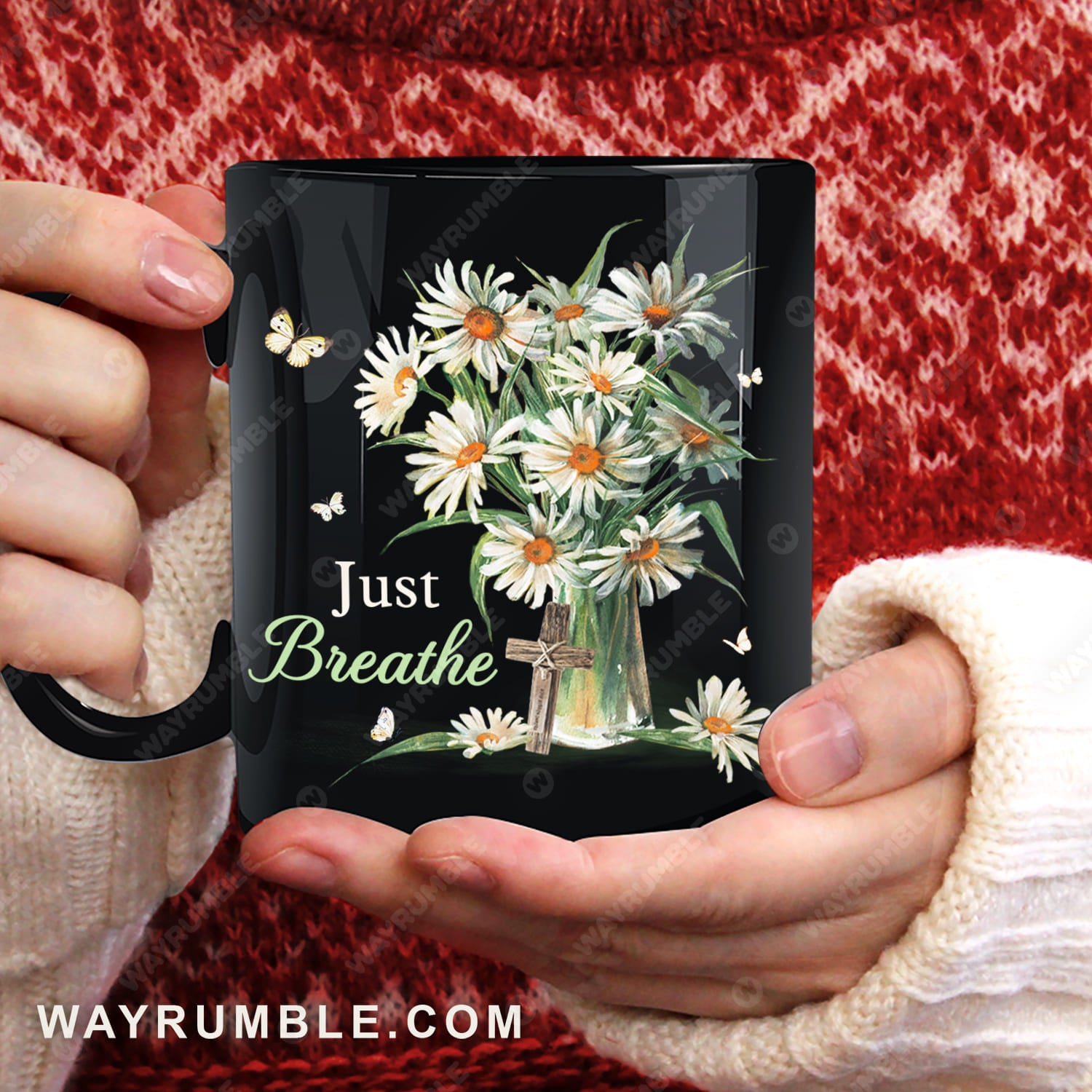 Daisy flower, White butterfly, Small cross, Just breathe - Jesus Black Mug