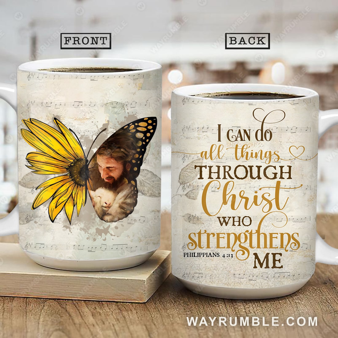Sunflower, Yellow butterfly, Jesus and the lamb, I can do all things through Christ who strengthens me - Jesus AOP Mug