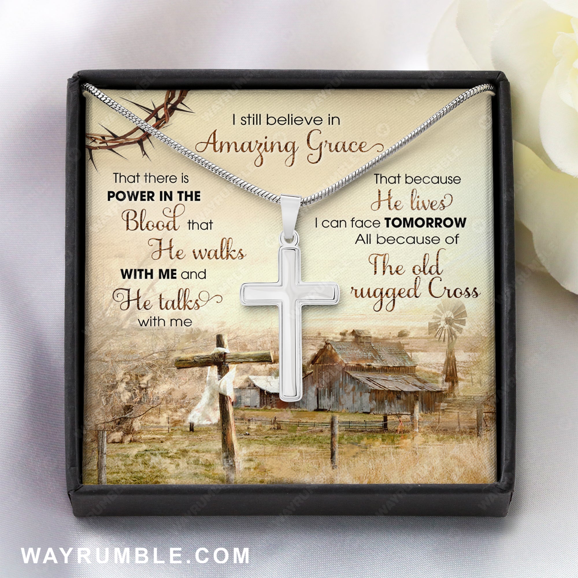 Old Barn Painting, Countryside landscape, I still believe in amazing grace - Jesus Cross Necklace with Message Card