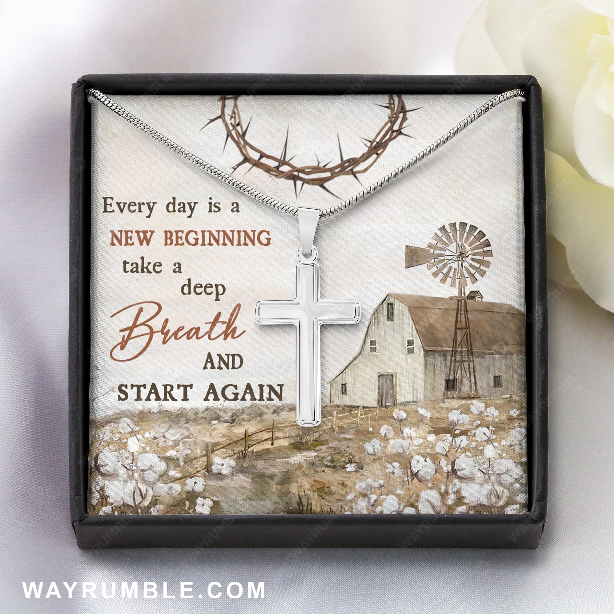 Cotton flower painting, Vintage house, Every day is a new beginning - Jesus Cross Necklace with Mess Card