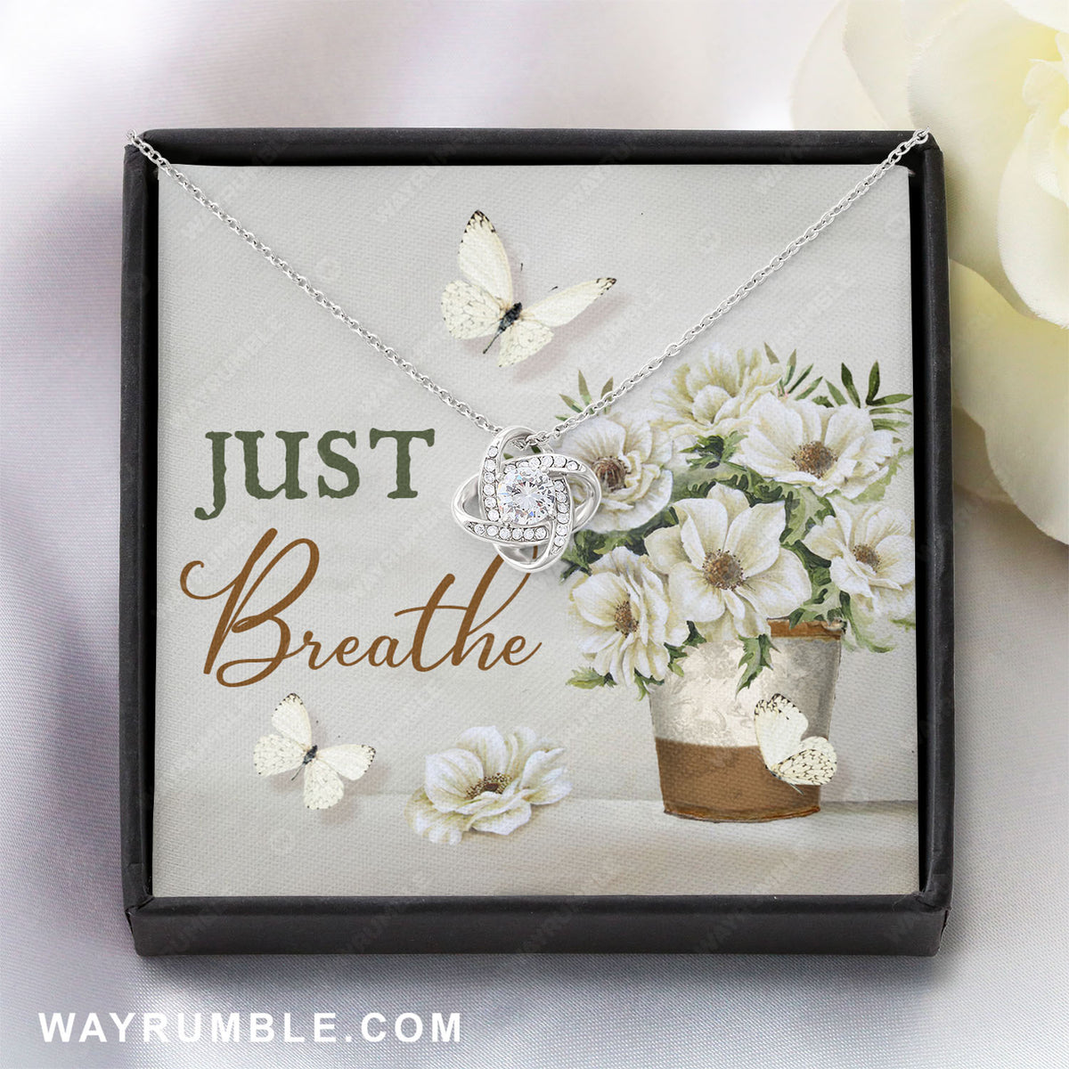 White flower painting, Pretty butterfly, Still life drawing, Just breathe - Jesus Love Knot Necklace with Message Card