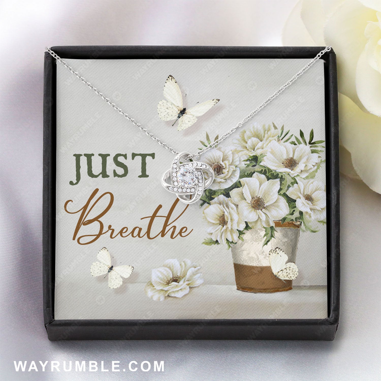 White flower painting, Pretty butterfly, Still life drawing, Just breathe - Jesus Love Knot Necklace with Message Card