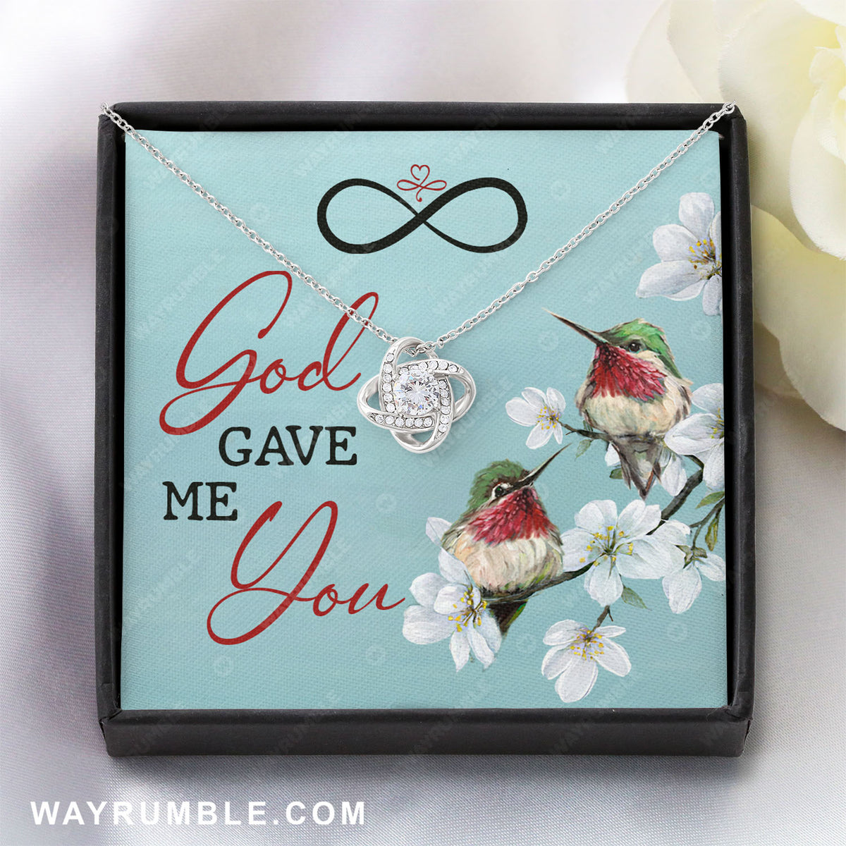 Hummingbird drawing, White flower, Spring painting, God gave me you - Love Knot Necklace with Message Card
