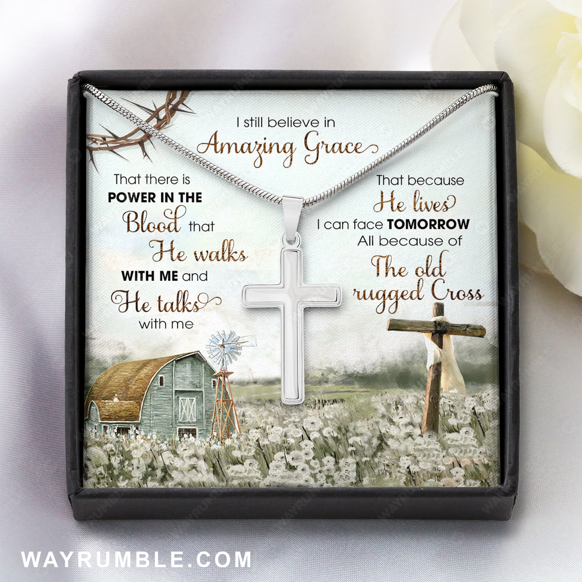 Barn painting, Flower field painting, I still believe in Amazing Grace - Jesus  Cross Necklace with Message Card