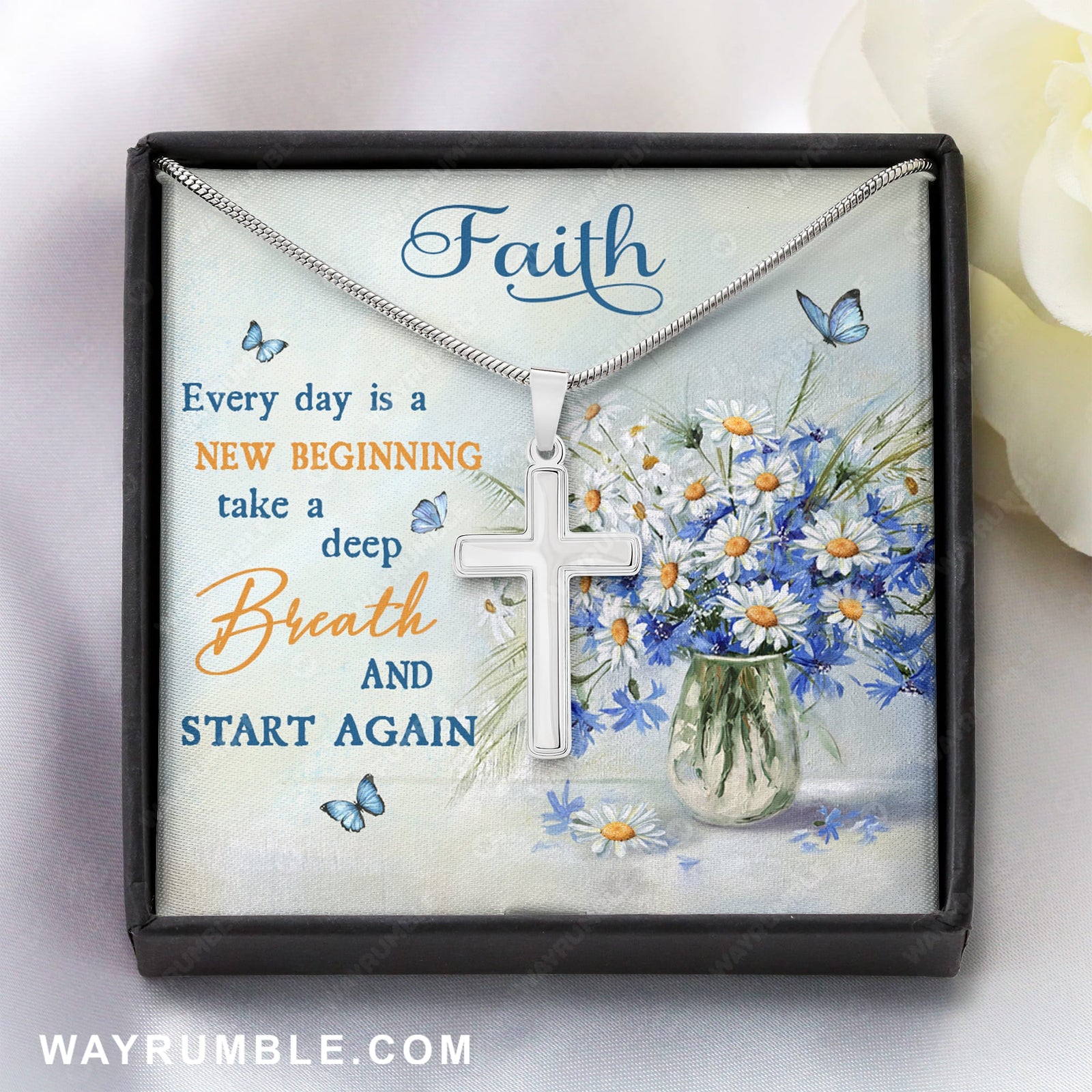 Daisy flower, Blue butterfly, Every day is a new beginning - Jesus Cross Necklace with Message Card