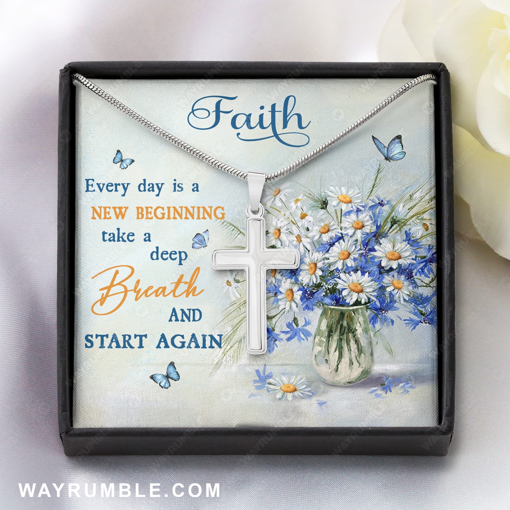 Daisy flower, Blue butterfly, Every day is a new beginning - Jesus Cross Necklace with Message Card
