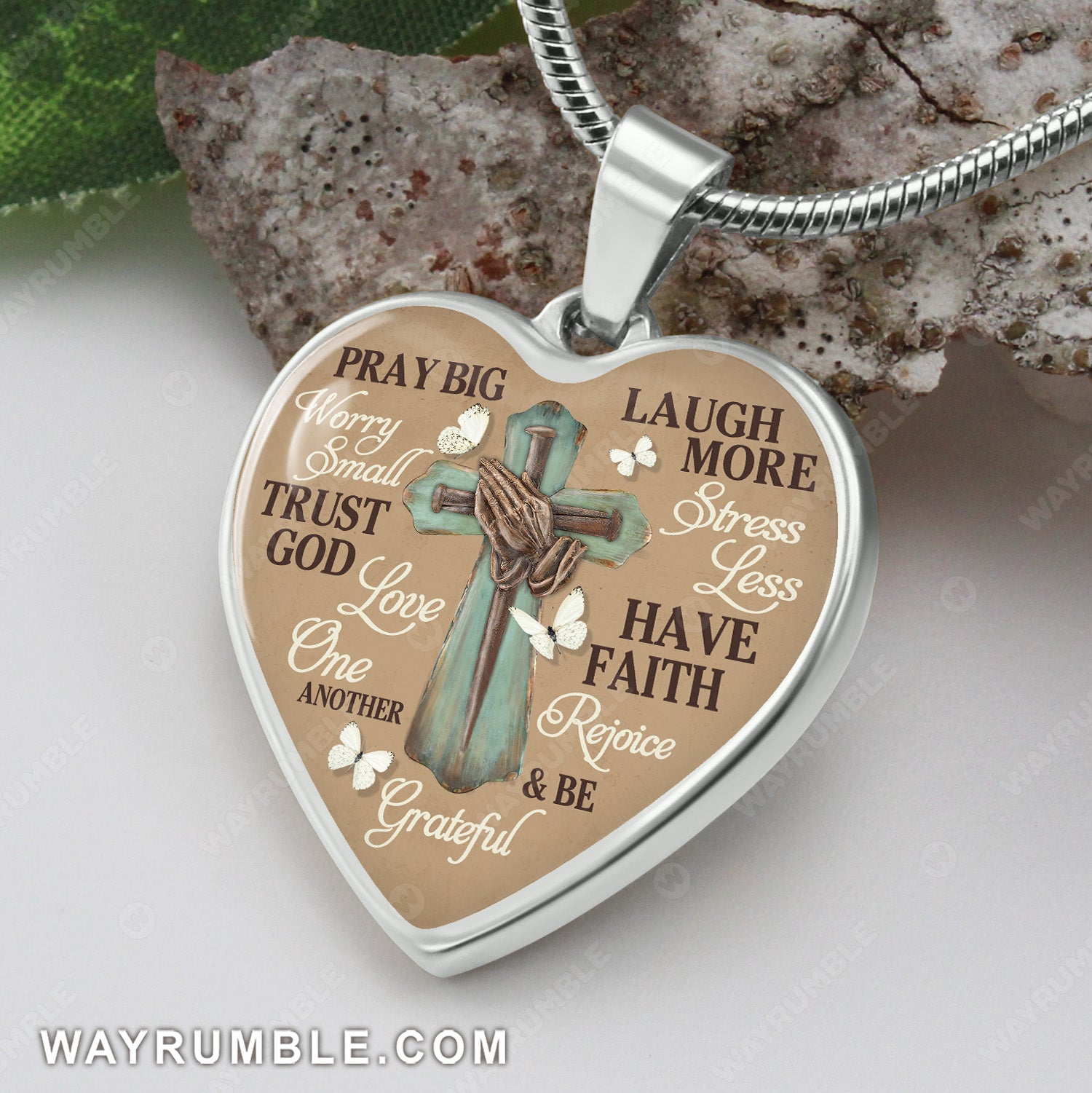 Praying hand, Wooden cross, White butterfly, Pray big, Worry small - Jesus Heart Necklace