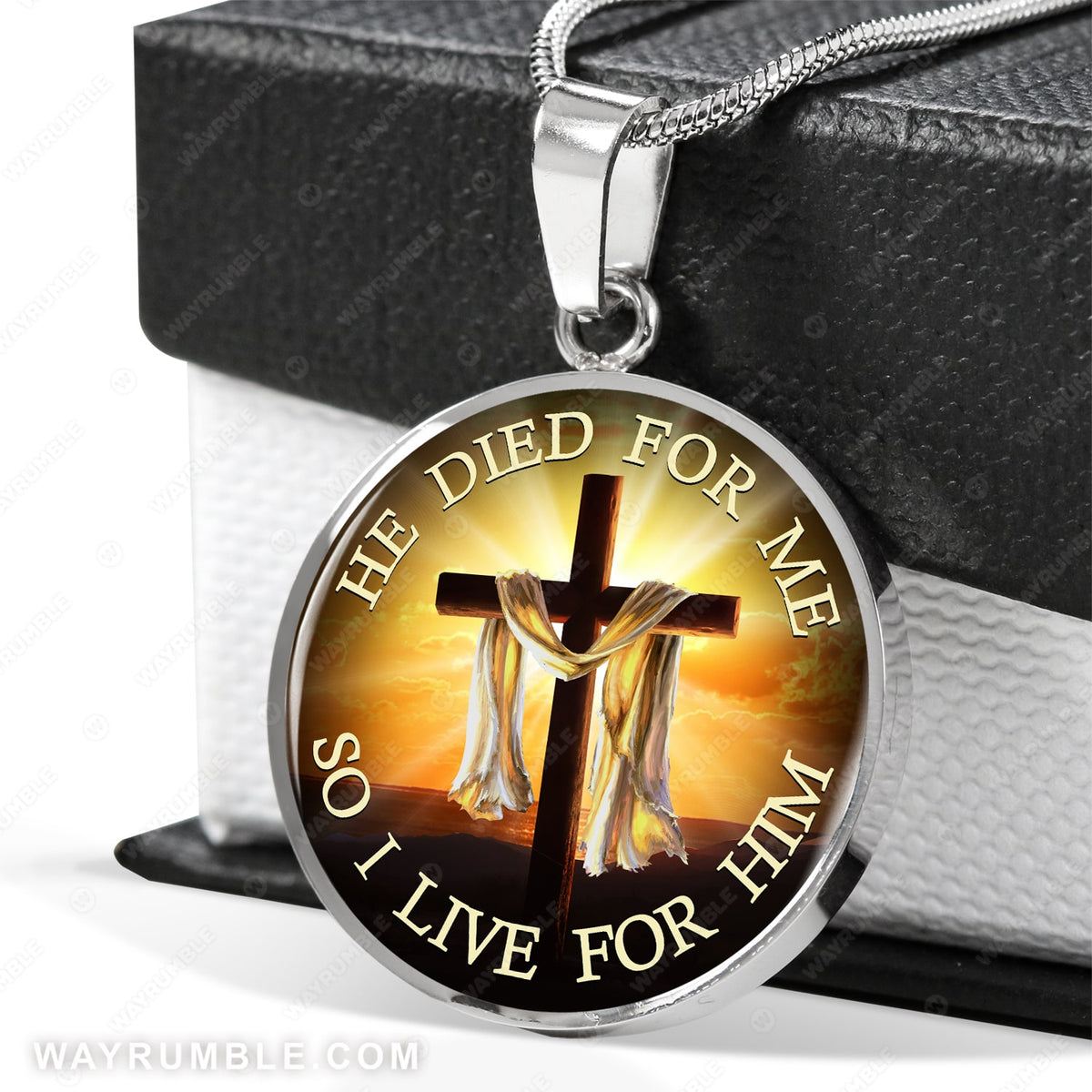 Wooden cross, Infinite halo, He died for me so I live for him - Jesus Circle Necklace