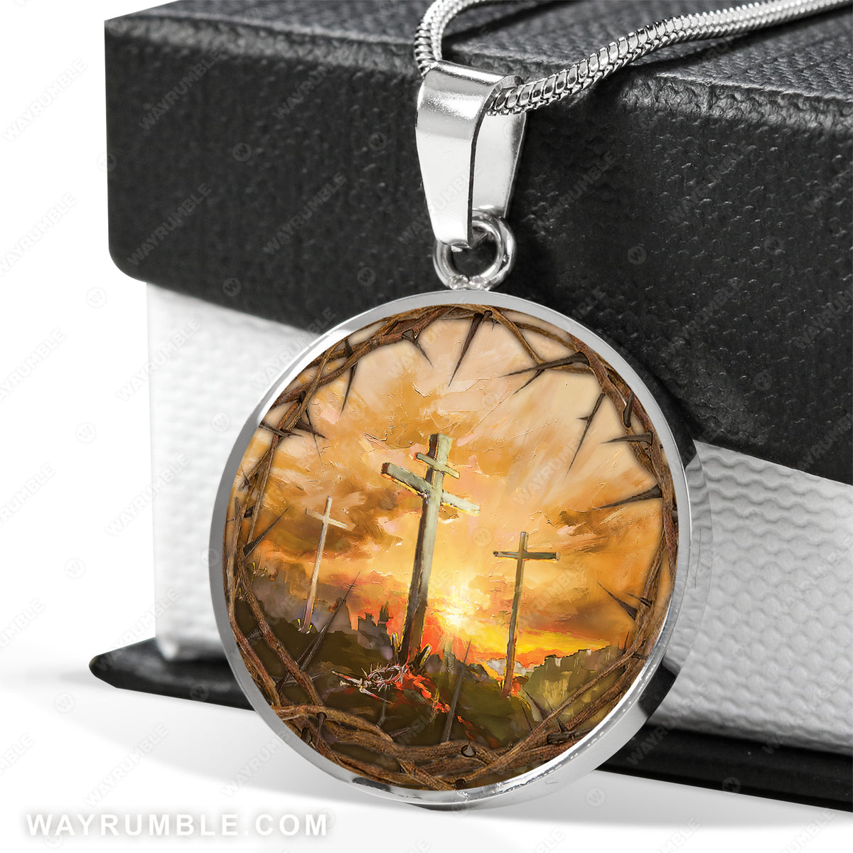 Crown of thorn, Wooden cross, Infinite halo - Jesus Circle Necklace