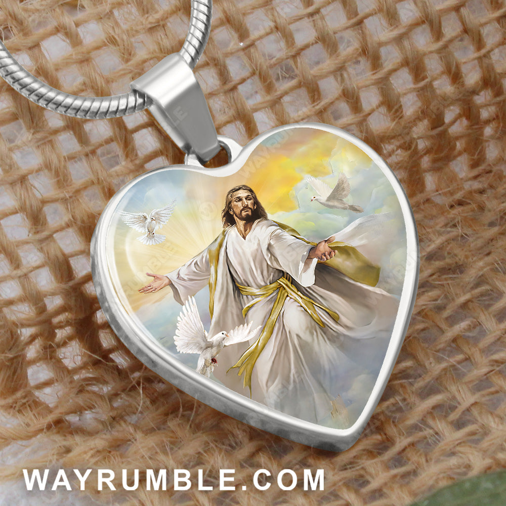 Jesus painting, White dove, Beautiful sunset, Walking with Jesus - Jesus Heart Necklace
