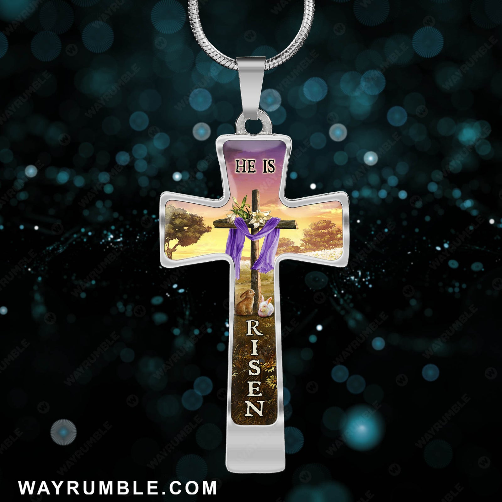 Cross symbol, Rabbit drawing, Meadow land, He is risen - Jesus Cross Necklace