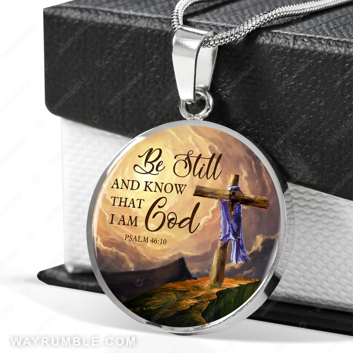 Wooden cross, Halo infinite, Beautiful sunset, Be still and know that I am God - Jesus Circle Necklace