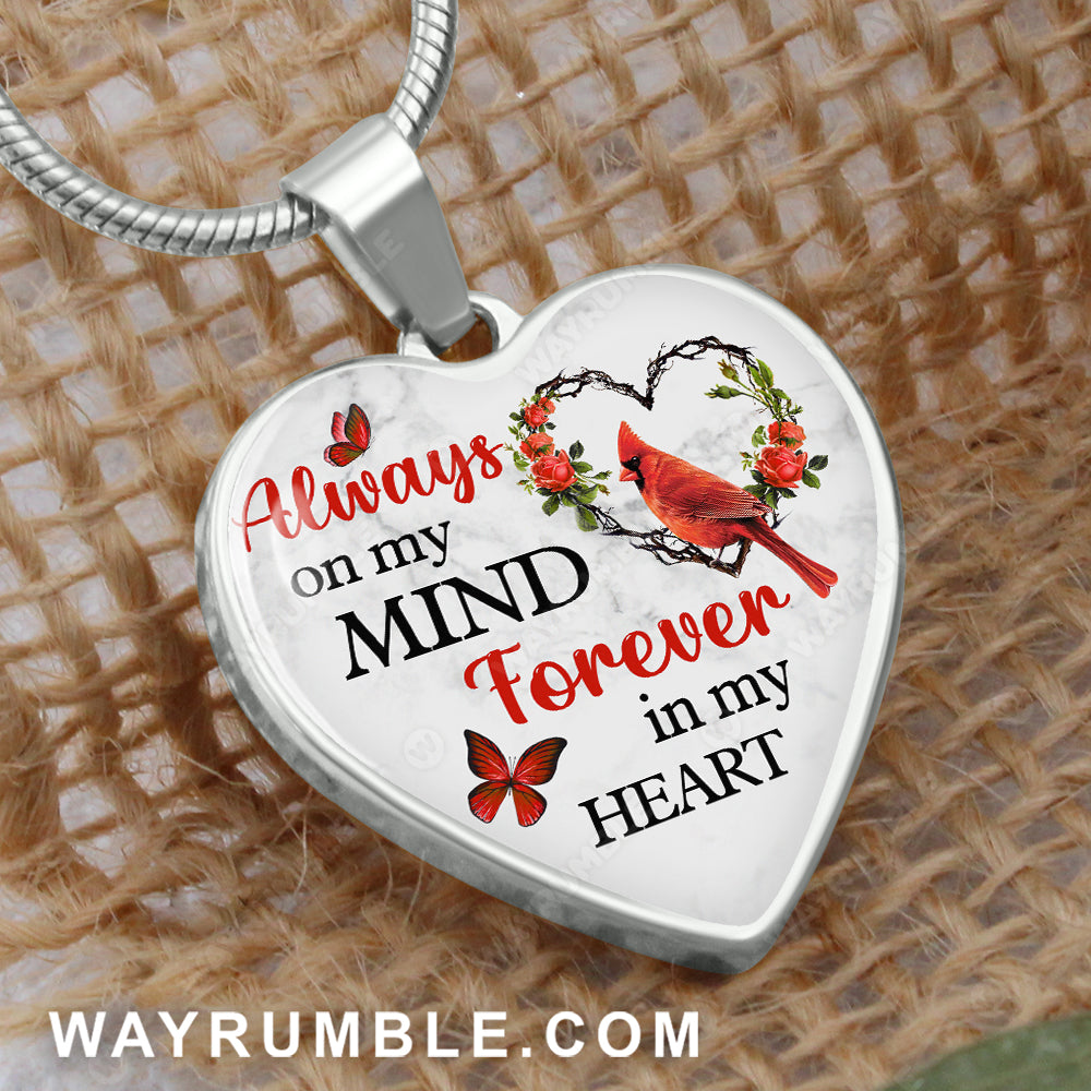Flower wreath, Cardinal painting, Red butterfly, Always on mind forever in my heart - Jesus Heart Necklace