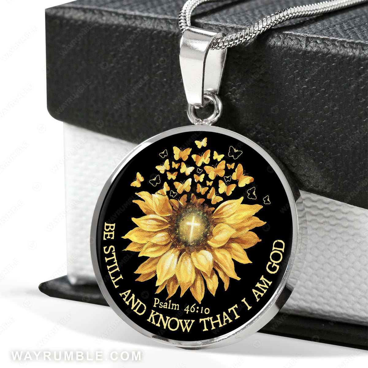 Big sunflower, Yellow butterfly, Cross symbol, Be still and know that I am God - Jesus Circle Necklace