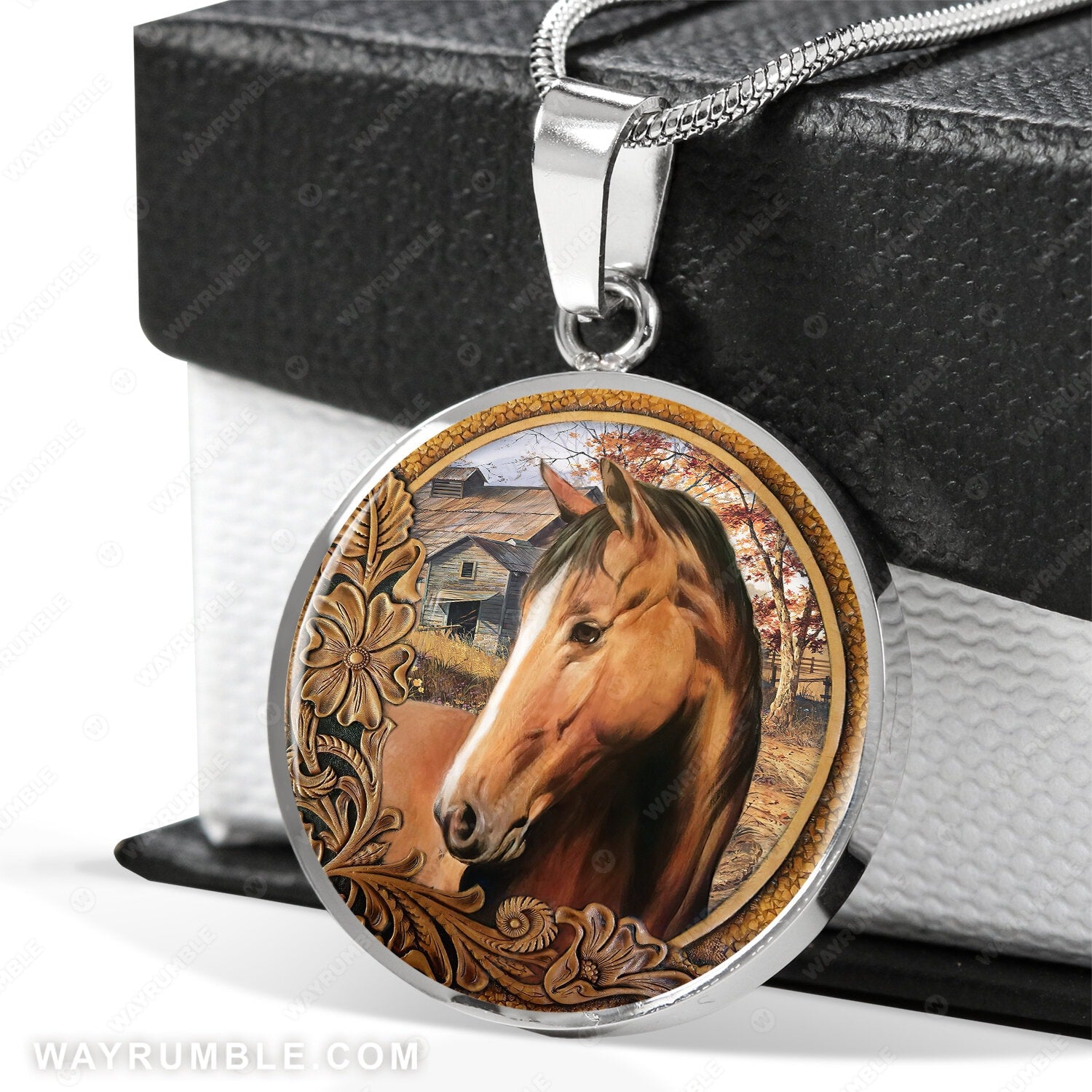 Watercolor horse, Circle mirror, Autumn forest, Wooden house - Jesus Circle Necklace