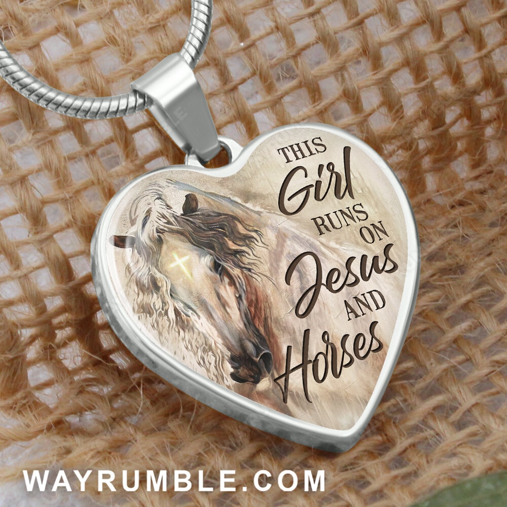 Watercolor horse, Cross symbol, This girl runs on Jesus and horses Jesus  Heart Necklace