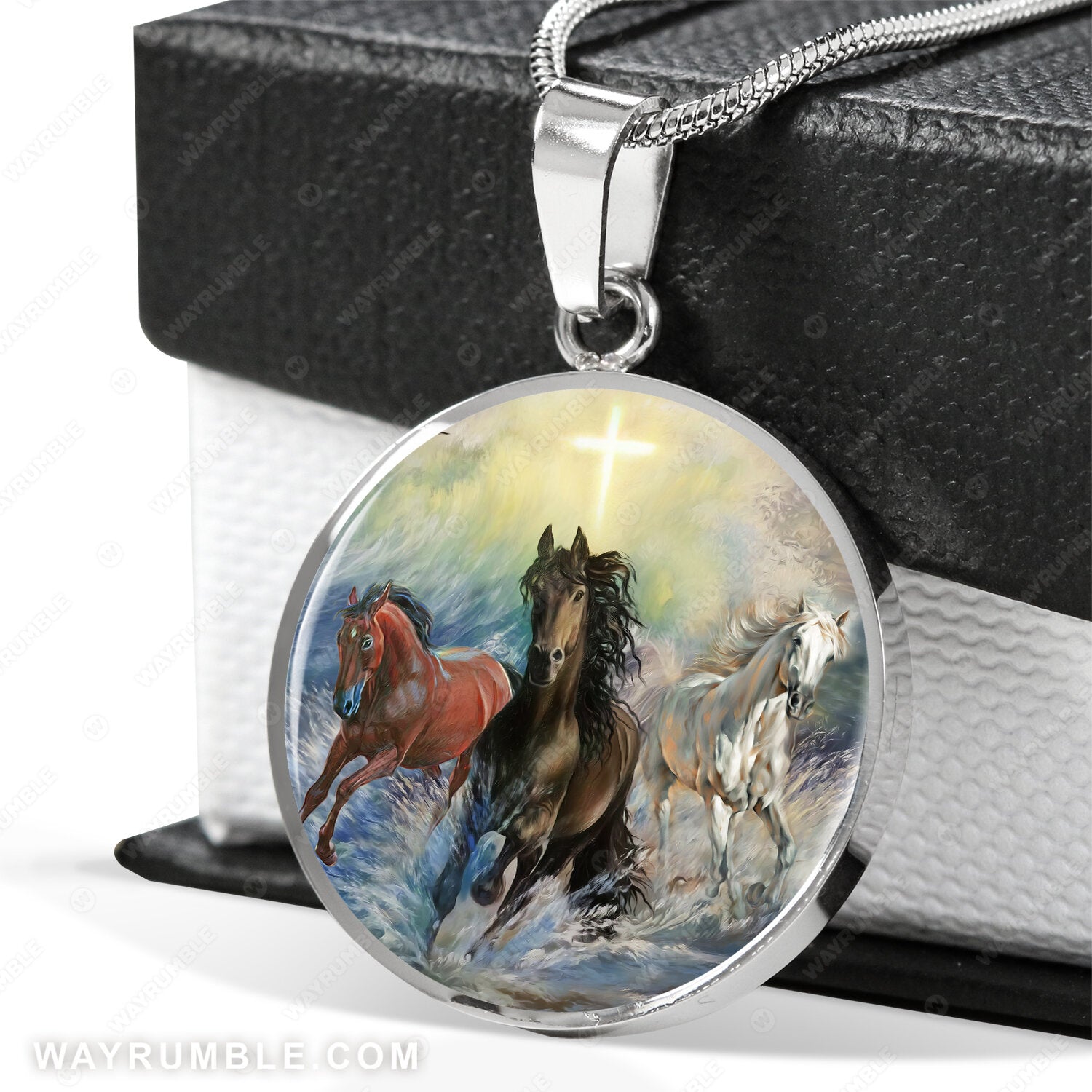 Running horses, Ocean painting, Beautiful cross, Seagull drawing - Jesus Circle Necklace