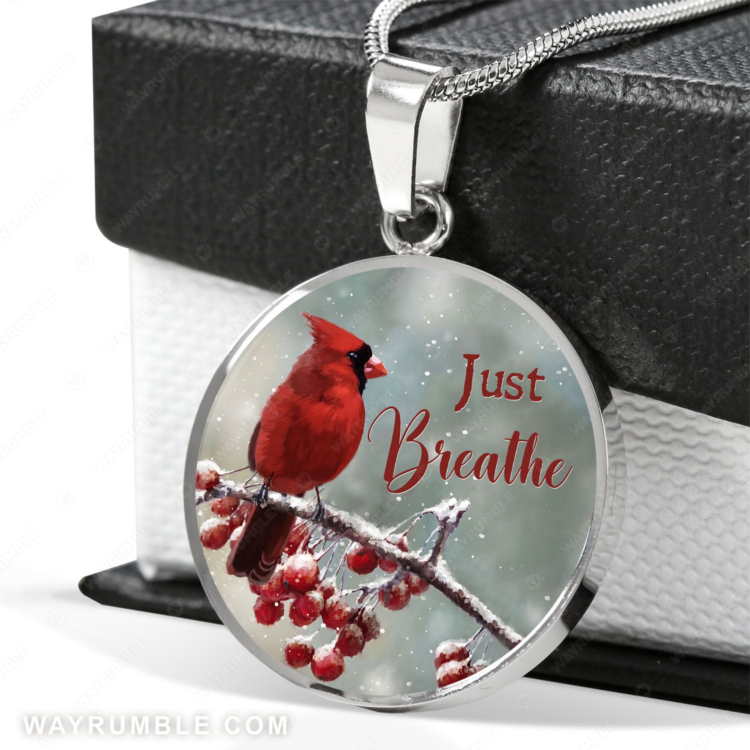 Watercolor cardinal, Frozen cranberry, Winter drawing, Just breathe - Jesus Circle Necklace